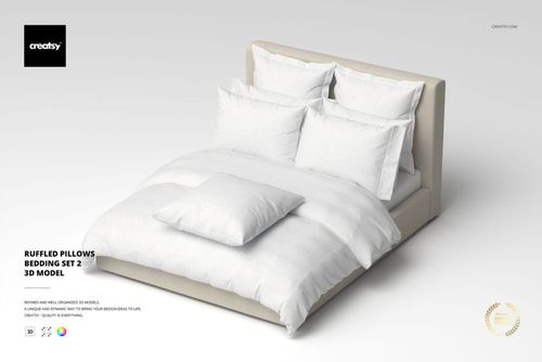 Front view of a bedding set with ruffled pillows and a duvet in white, arranged neatly on a beige upholstered bed.