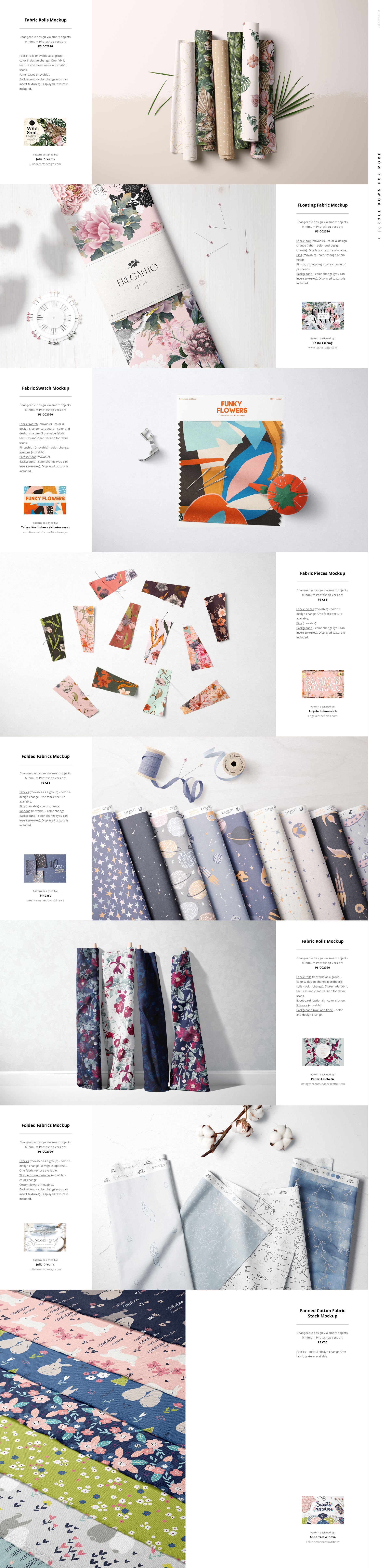 Fabric mockup bundle featuring folded, hanging, and rolled textiles in assorted colors and designs on a studio table.