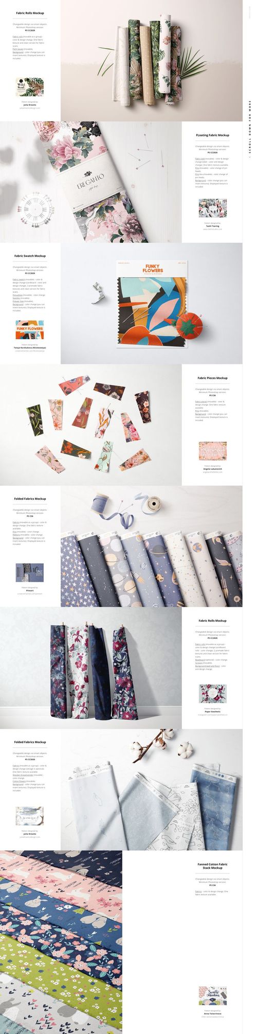 Fabric mockup bundle featuring folded, hanging, and rolled textiles in assorted colors and designs on a studio table.