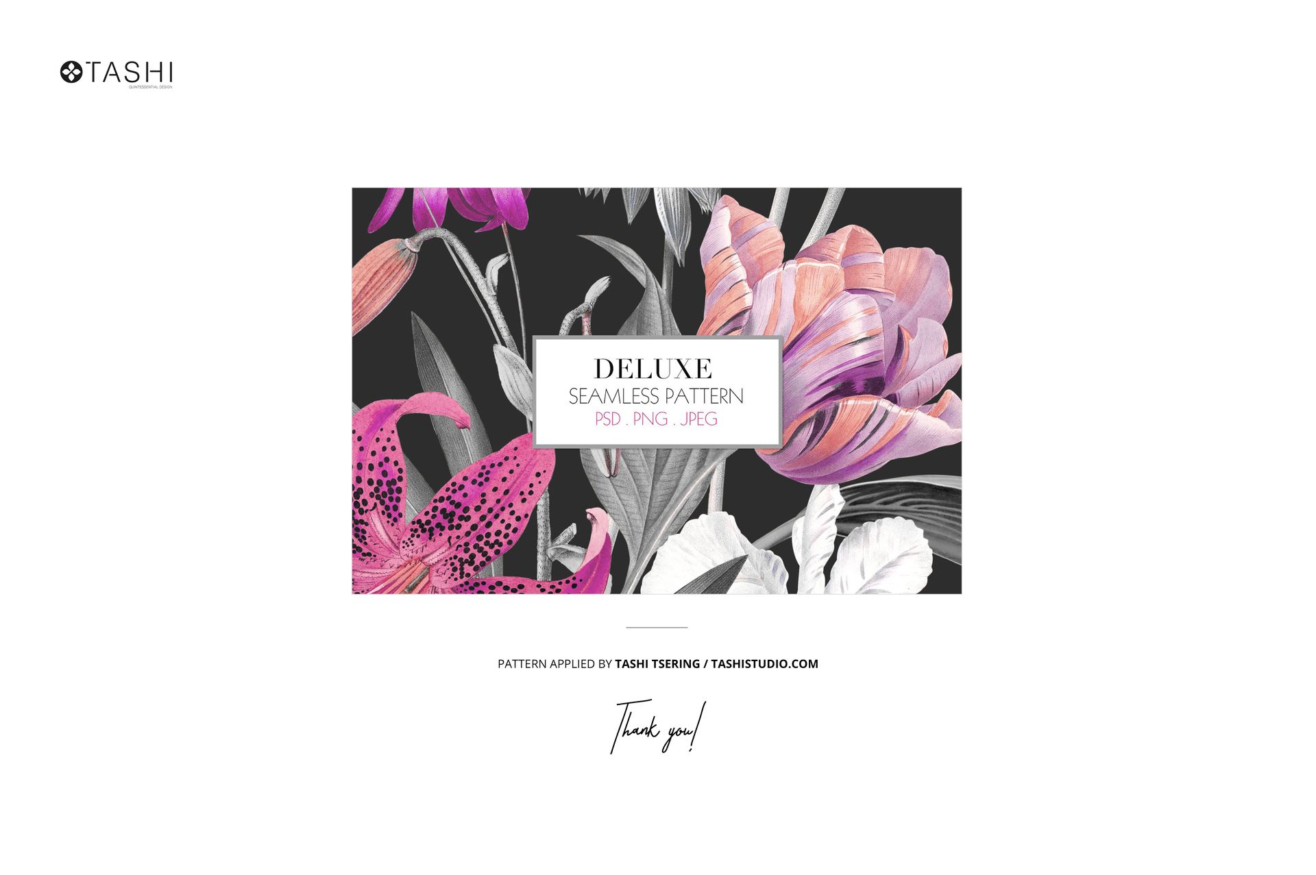 Front view of a fabric mockup featuring bolts with a floral pattern in pink, purple, and white on a dark background.