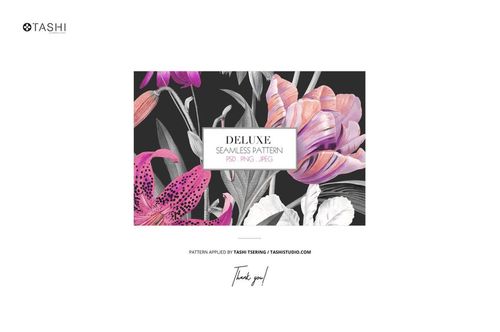 Front view of a fabric mockup featuring bolts with a floral pattern in pink, purple, and white on a dark background.