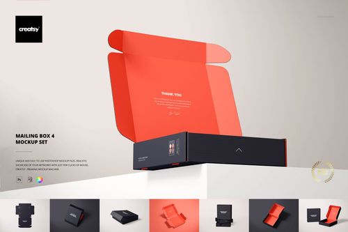 Rectangular mailing box mockup with an open lid, featuring a black exterior and bright red interior, front view.