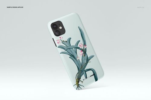 iPhone 11 matte case mockup with illustrated green leaves and pink blossoms, shown at a slight diagonal on pale backdrop.