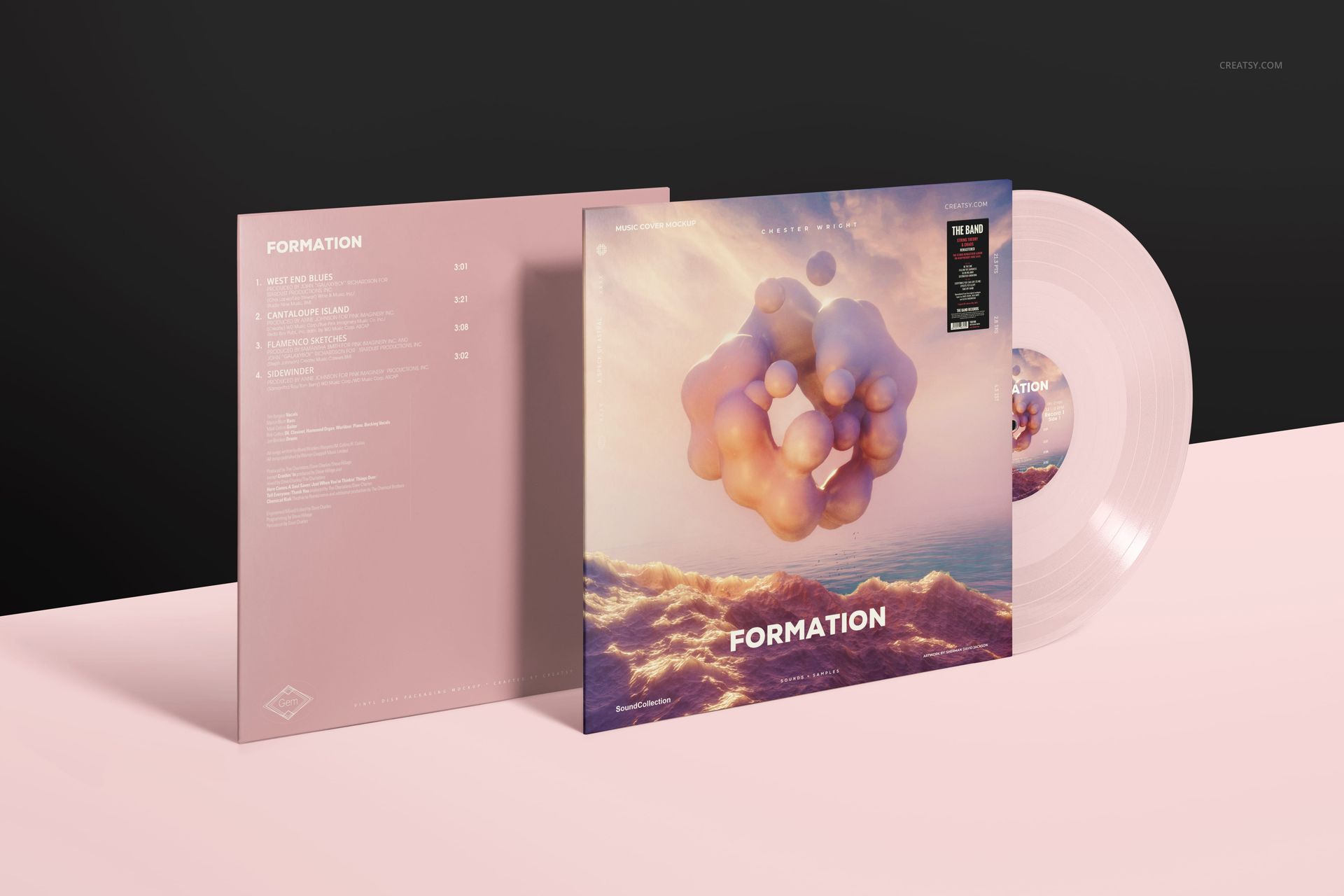 Front view of a colored vinyl record mockup set featuring a translucent pink disc with album artwork and sleeve.