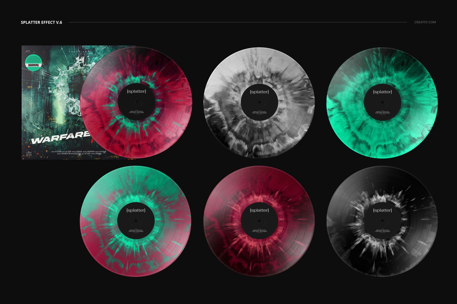 Front view of six vinyl records featuring red, green, and black splatter designs, shown with a matching cover mockup.