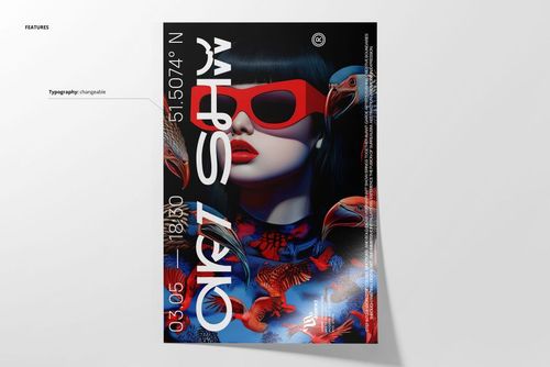 PSD mockup of a poster featuring vibrant abstract patterns, large text, and geometric details in red and blue tones.