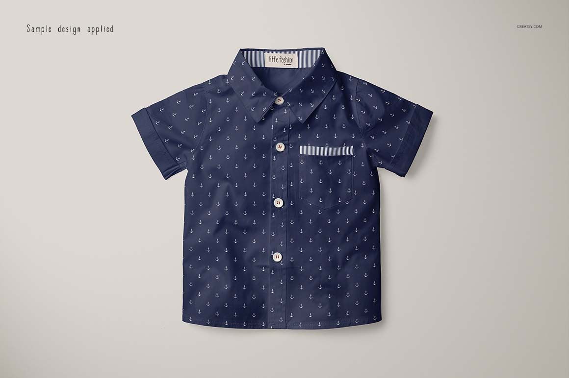 Boys formal shirt mockup featuring a short-sleeve, navy blue button-up shirt with a subtle anchor pattern, shown from the front on a light background.