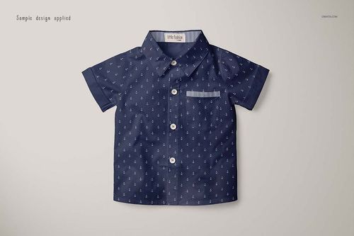 Boys formal shirt mockup featuring a short-sleeve, navy blue button-up shirt with a subtle anchor pattern, shown from the front on a light background.