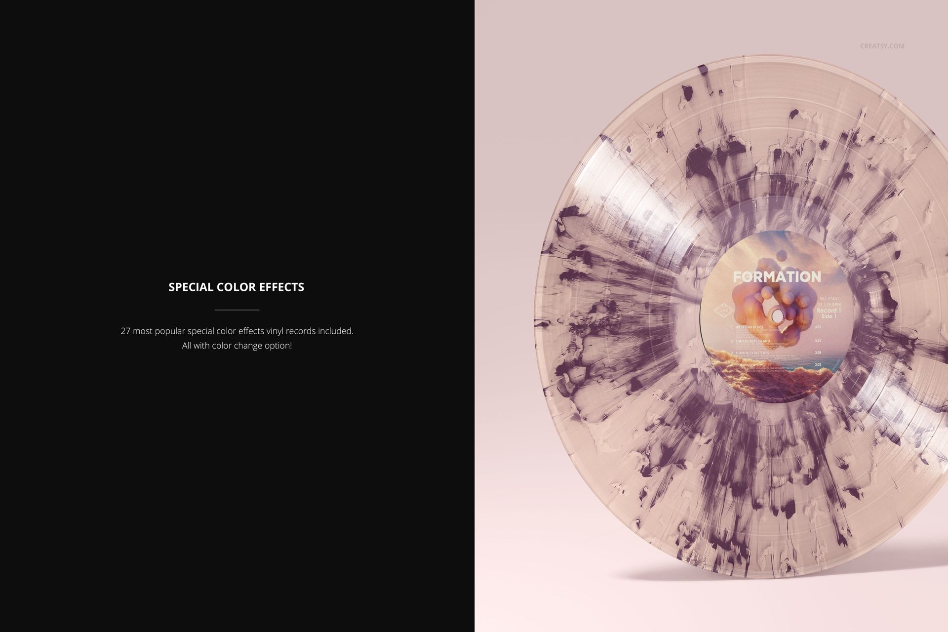 Front view of an LP vinyl record mockup featuring a clear disc with purple marbled effects and a central label design.