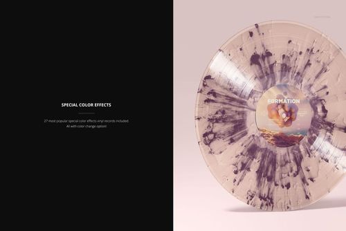 Front view of an LP vinyl record mockup featuring a clear disc with purple marbled effects and a central label design.