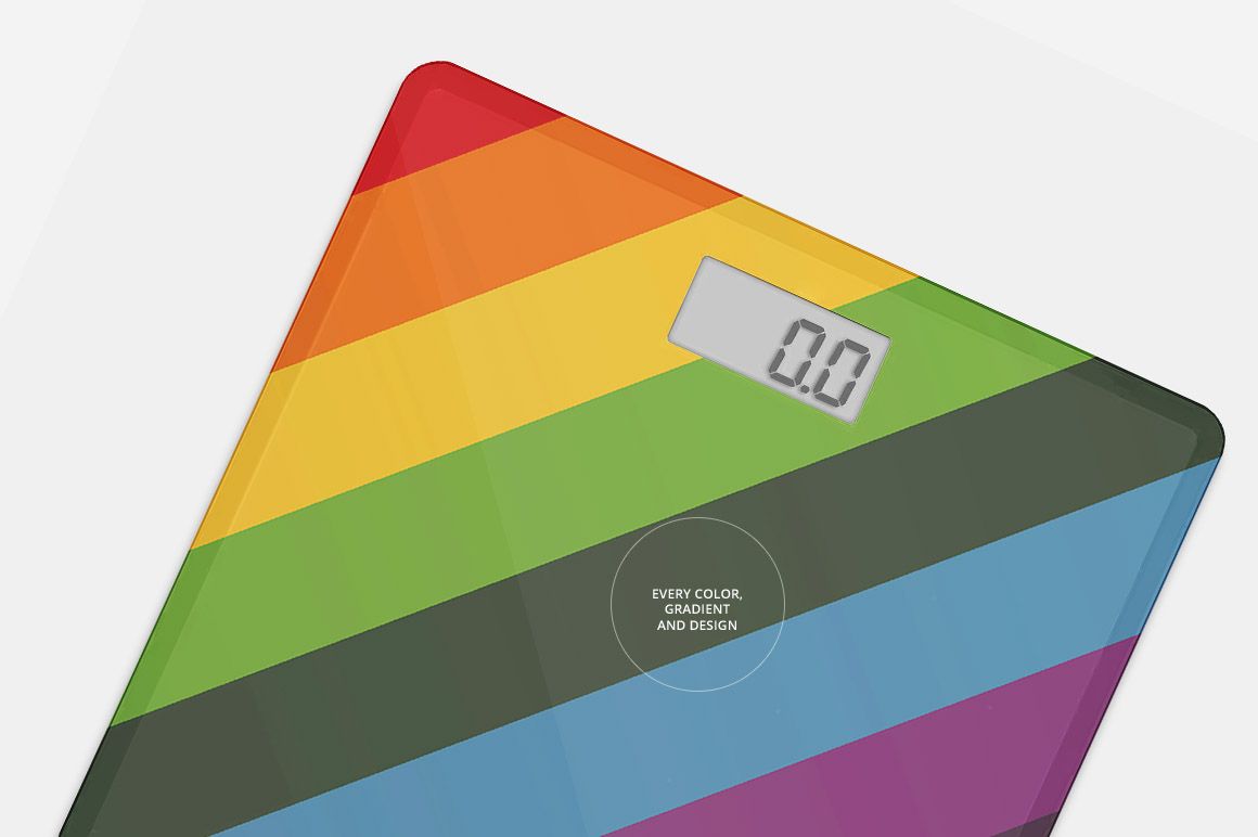 Digital weight scale mockup with horizontal rainbow stripes, close-up top view showing display at zero.