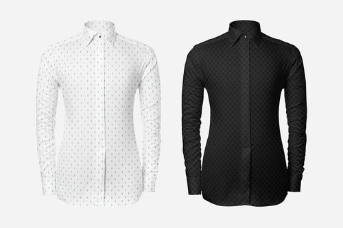 Formal dress shirt mockup displaying a white shirt with small dots and a black shirt with a textured pattern, front-facing.