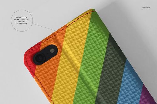 Close-up of a leather wallet phone case mockup with vibrant diagonal rainbow colors and visible seam detail.