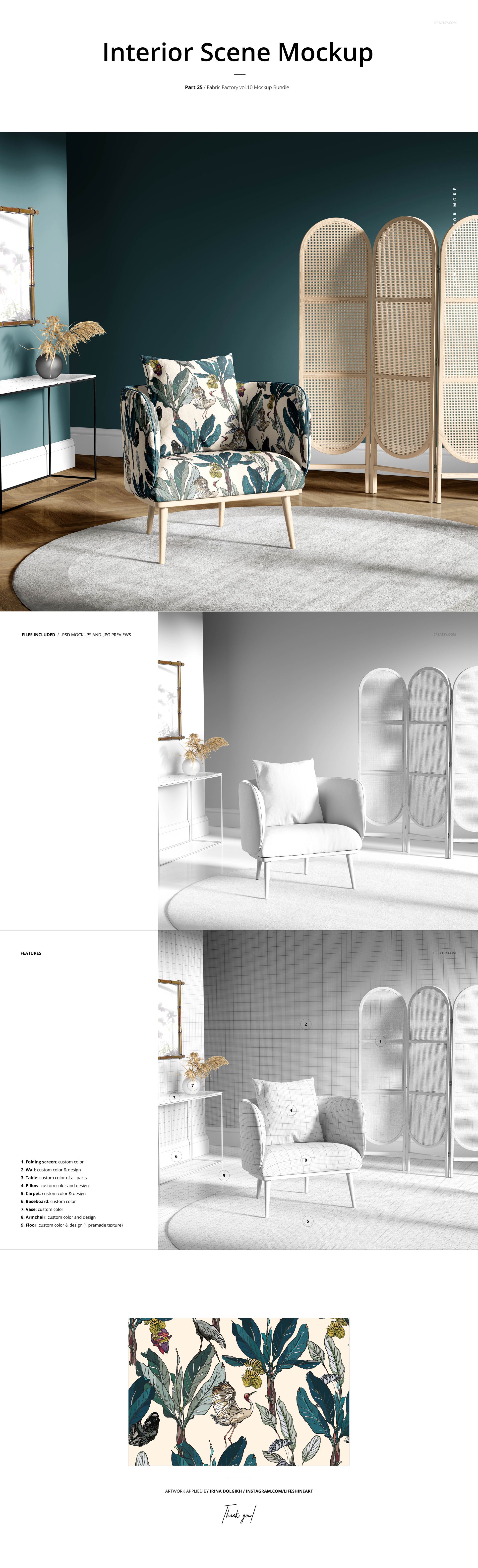 Fabric Factory PSD mockup showing a stylish room with a leaf-patterned chair, curved cabinet, and decorative accents.
