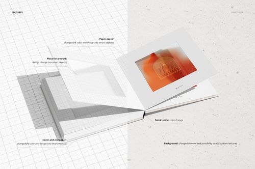 Open artbook mockup displayed on a split background, showing editable pages, cover, and fabric spine with grid overlays.
