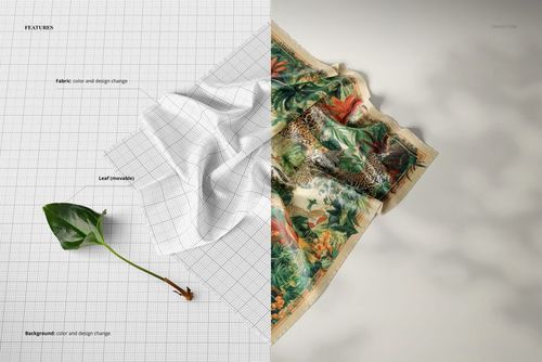 Square silk scarf mockup shown in perspective view, half with grid background and half with colorful botanical print.
