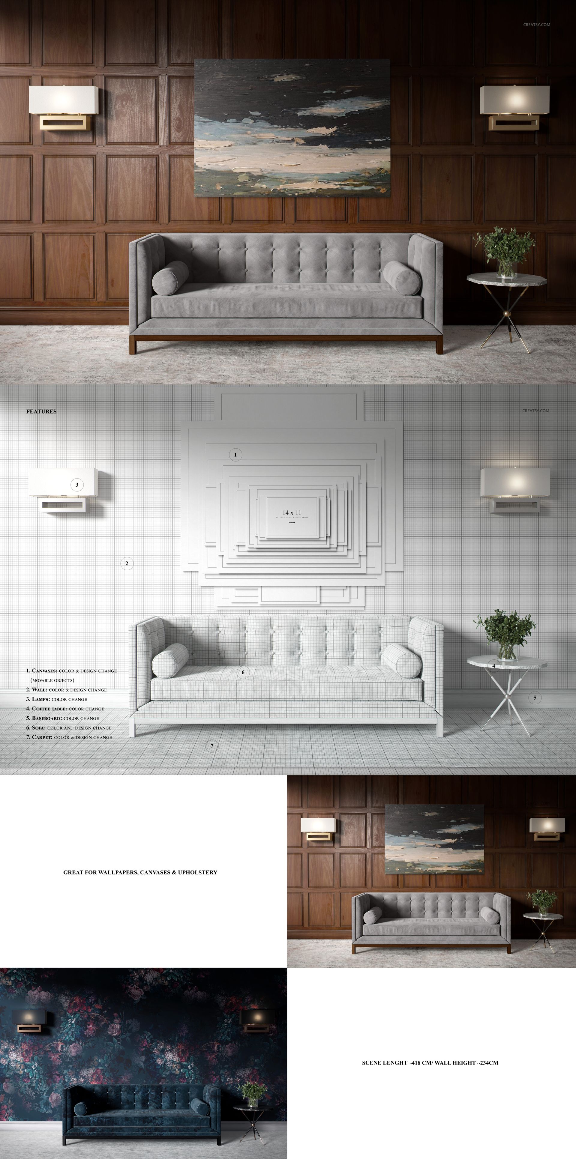 PSD mockup showing a sofa in front of a wall with various wallpaper and canvas print design options.