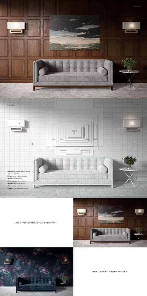 PSD mockup showing a sofa in front of a wall with various wallpaper and canvas print design options.