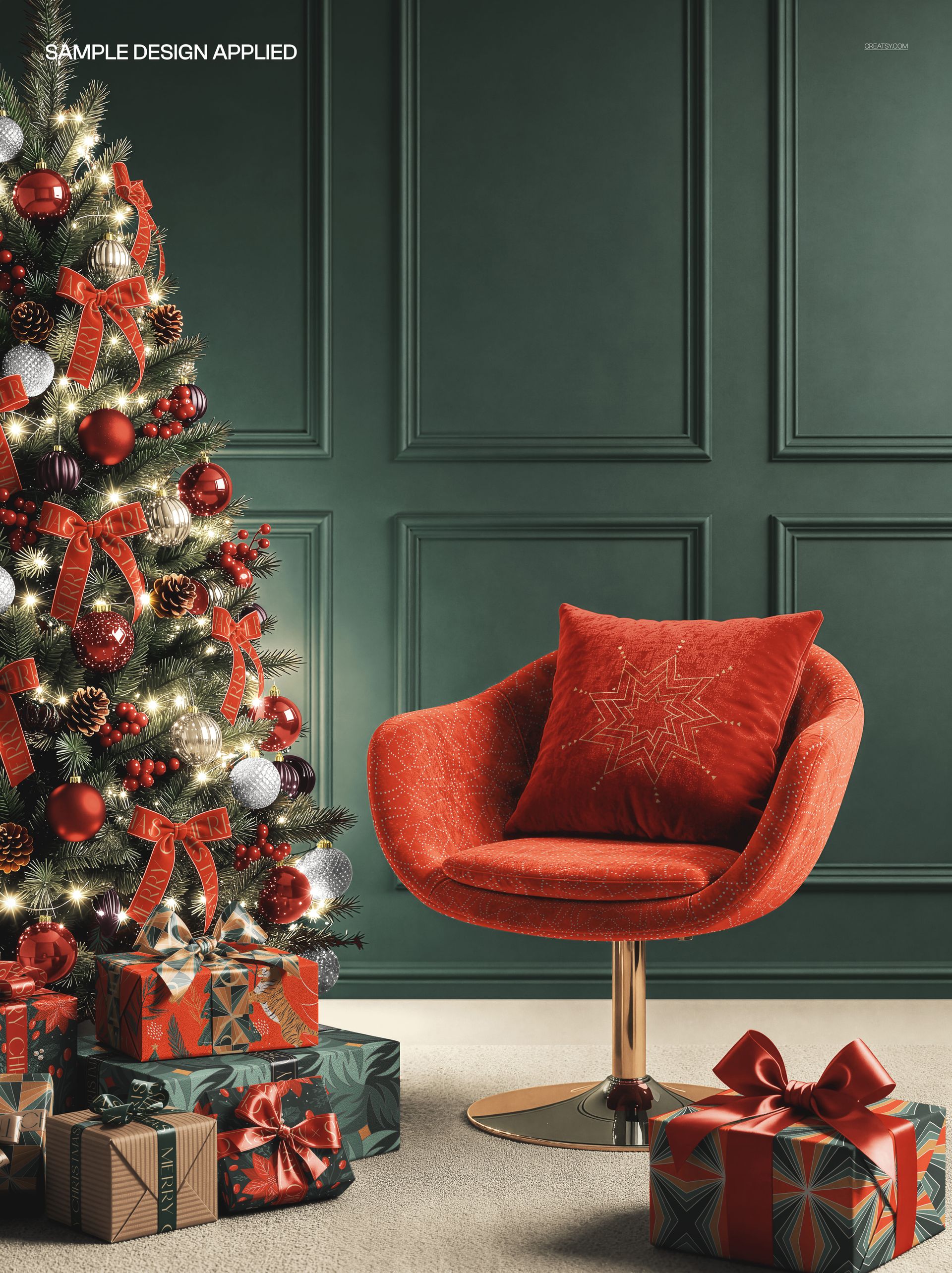 Christmas-themed PSD mockup featuring a green paneled wall, red velvet chair, and illuminated tree with ornaments.