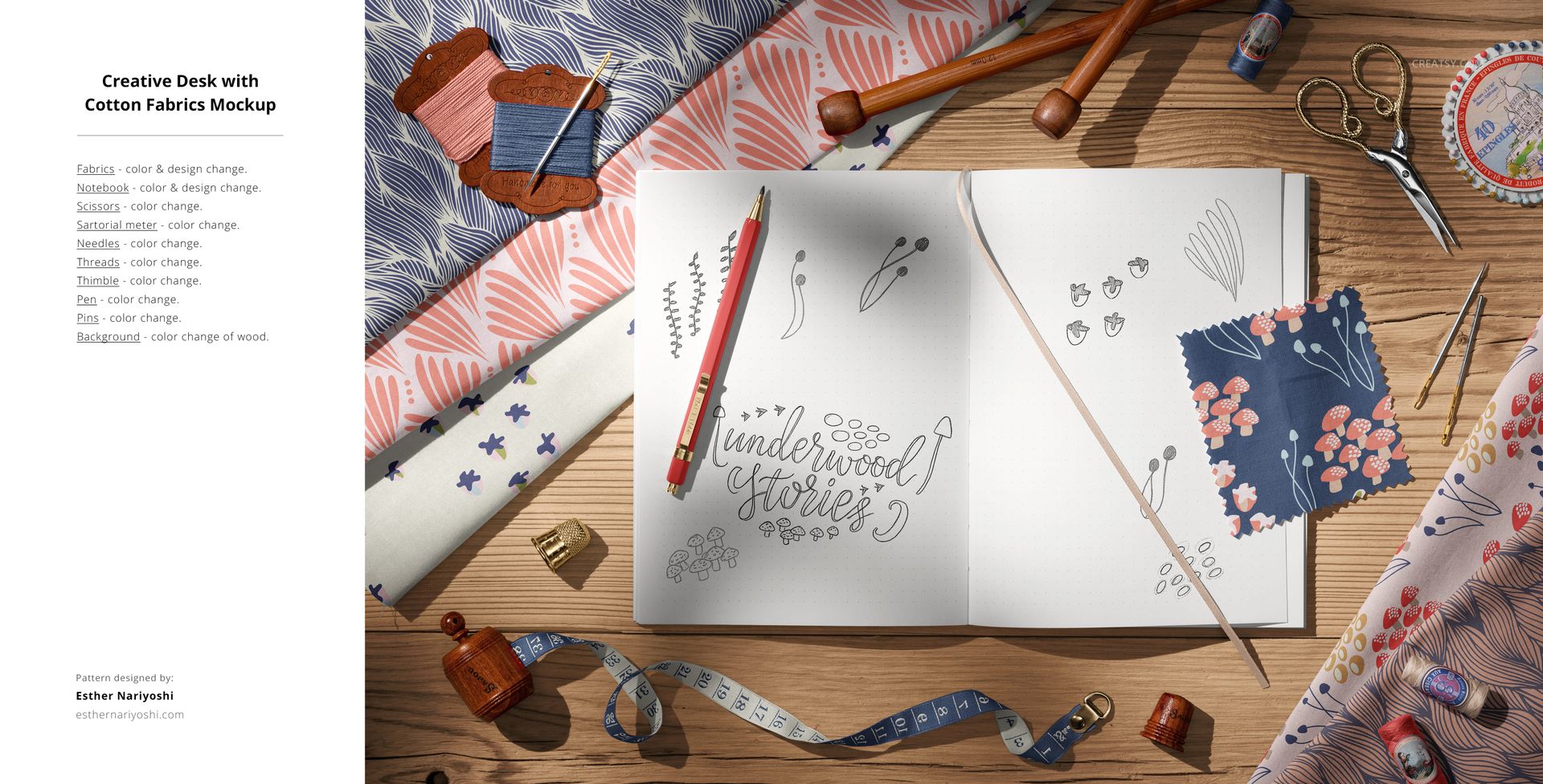 Flat lay of cotton textile mockup featuring patterned fabric swatches, sketchbook, colored pencil, and sewing props.