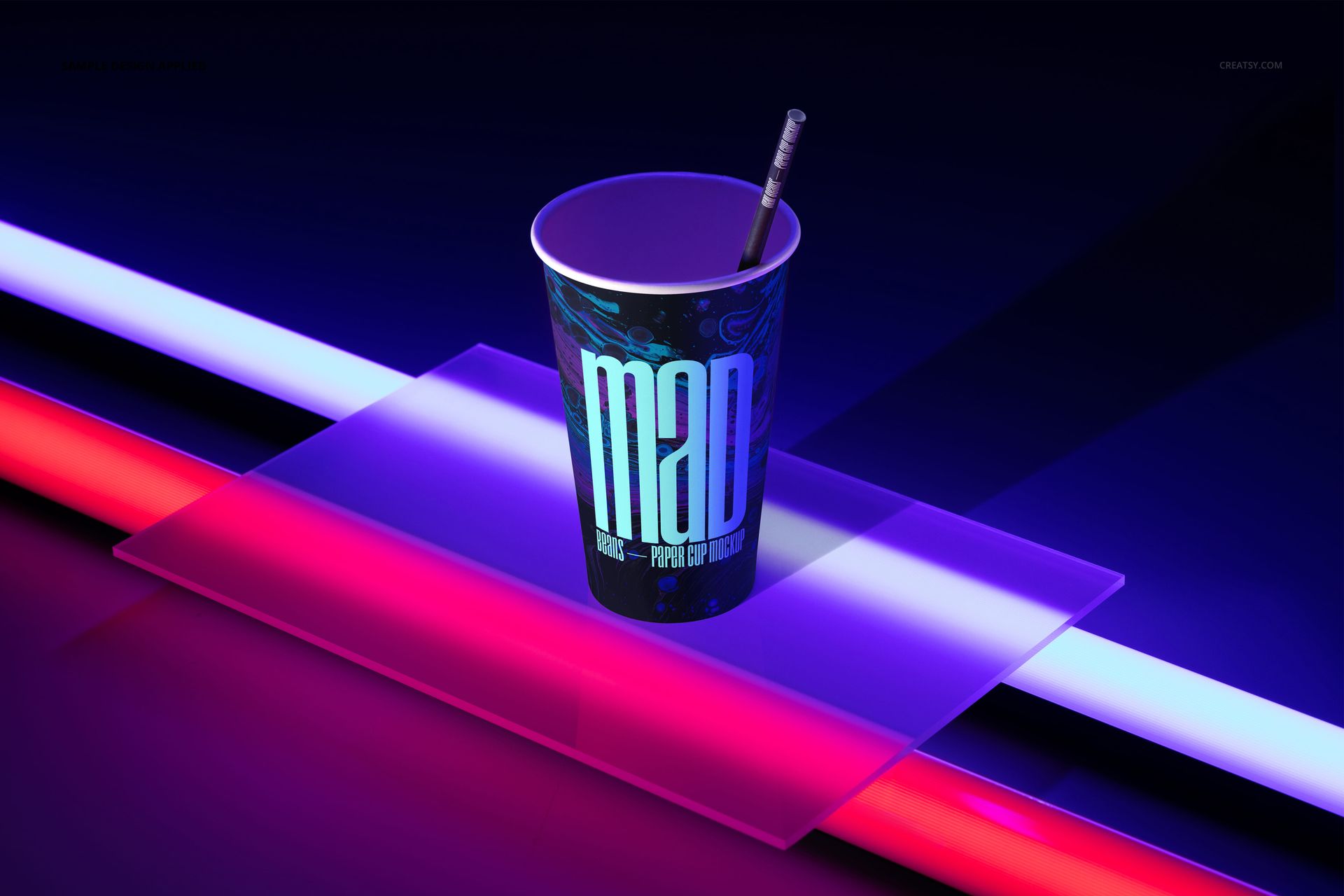 Neon-themed paper cup mockup featuring vibrant blue and purple colors, placed on a lit acrylic surface with a straw.