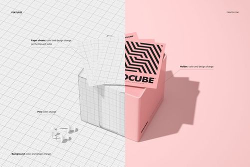 Stationery memo block cube mockup featuring acrylic holder and stack of paper sheets, half on grid, half on pink background.