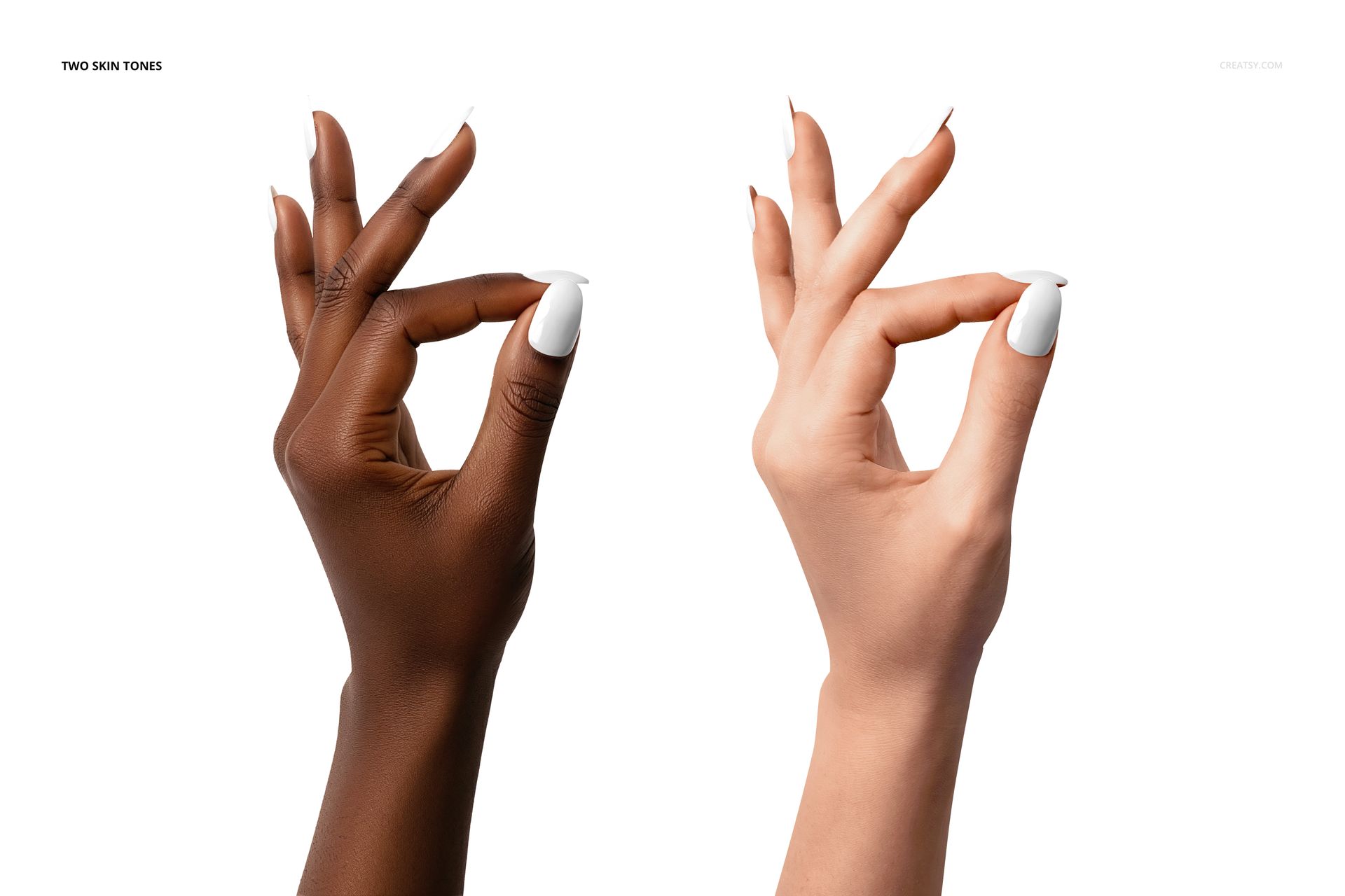 PSD mockup featuring a pair of hands with white nail polish, highlighting nail shape and skin tone diversity on white.