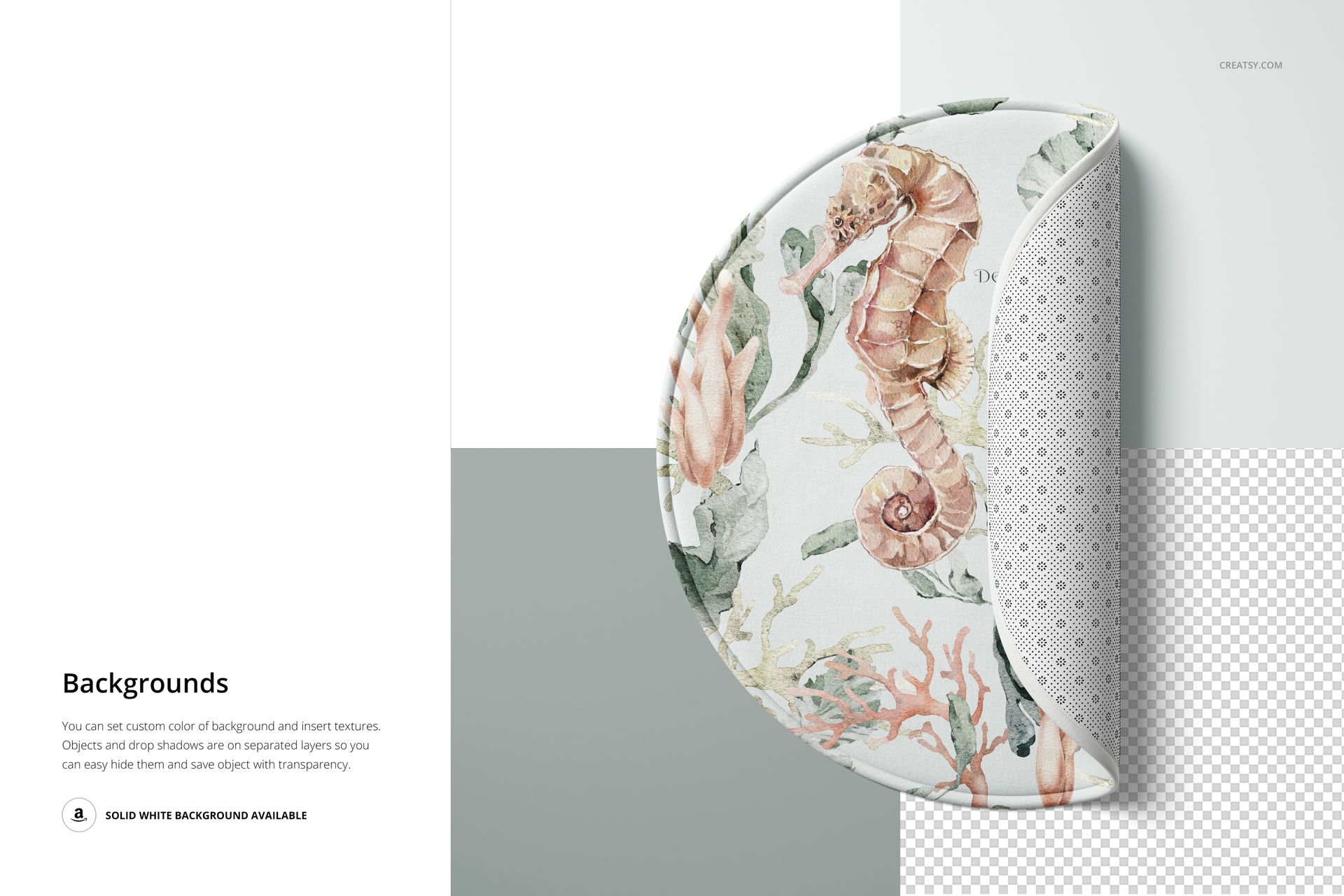 Round polyester bath mat mockup with watercolor sea life pattern, shown from top view with folded edge detail.