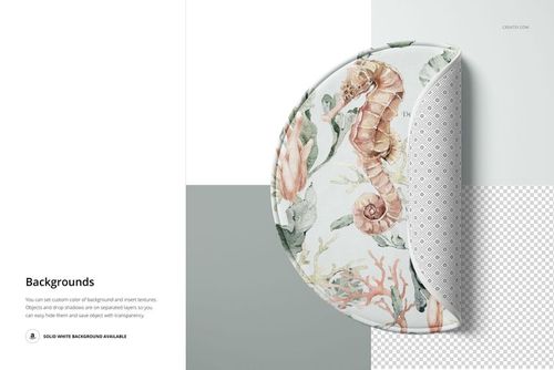 Round polyester bath mat mockup with watercolor sea life pattern, shown from top view with folded edge detail.