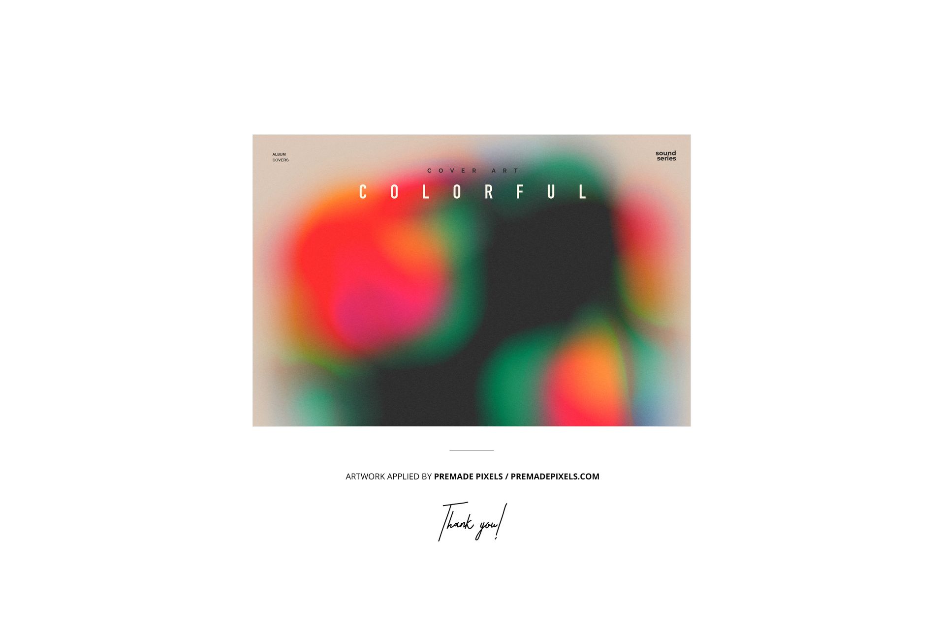 Front view of a vinyl record cover mockup with a colorful splatter effect, featuring blurred abstract shapes.