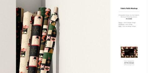 Fabric rolls mockup with Christmas motifs and geometric designs, displayed vertically beside a white wall.