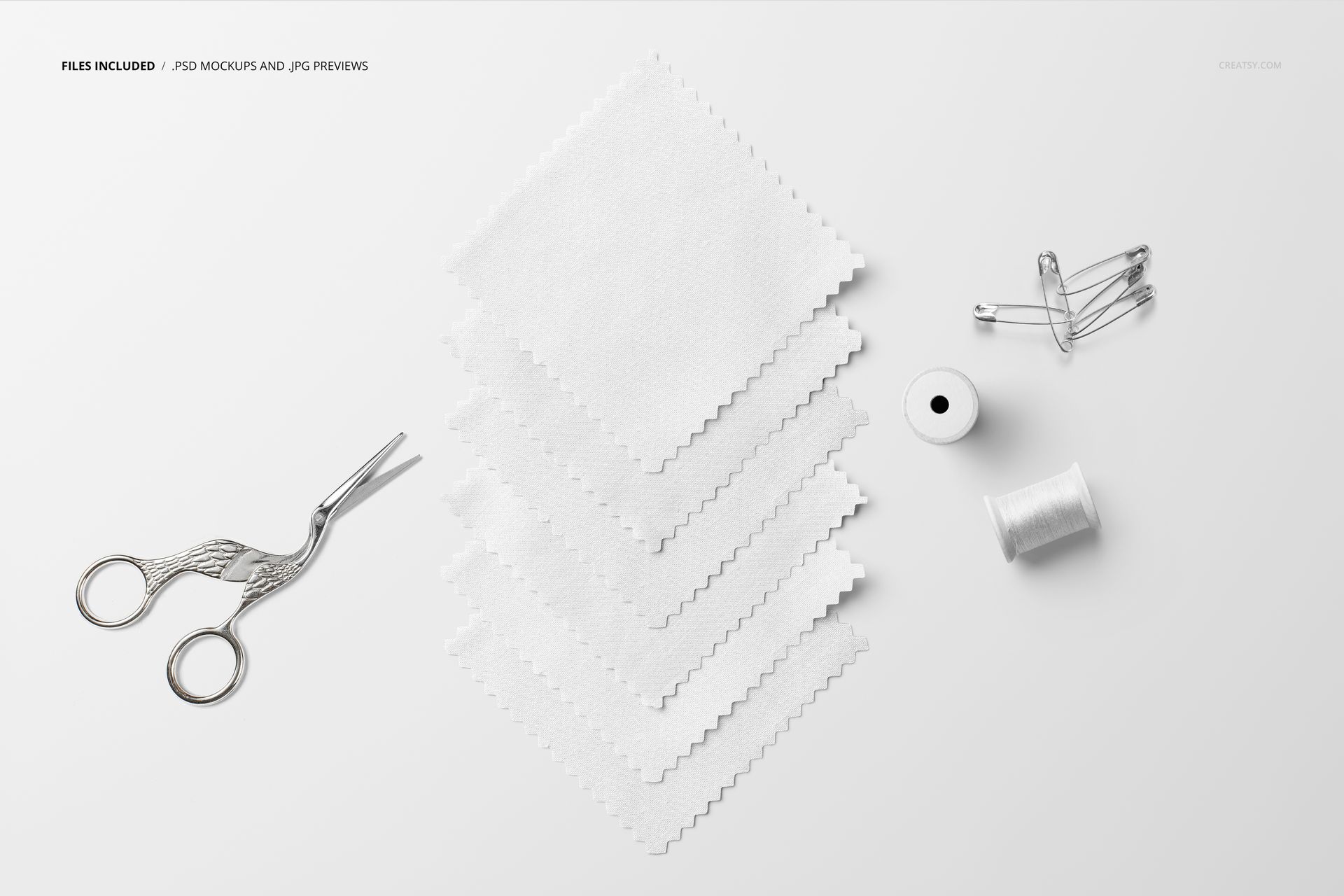 Fabric swatches mockup featuring white textile samples, sewing scissors, spool of thread, and needle on a white background.