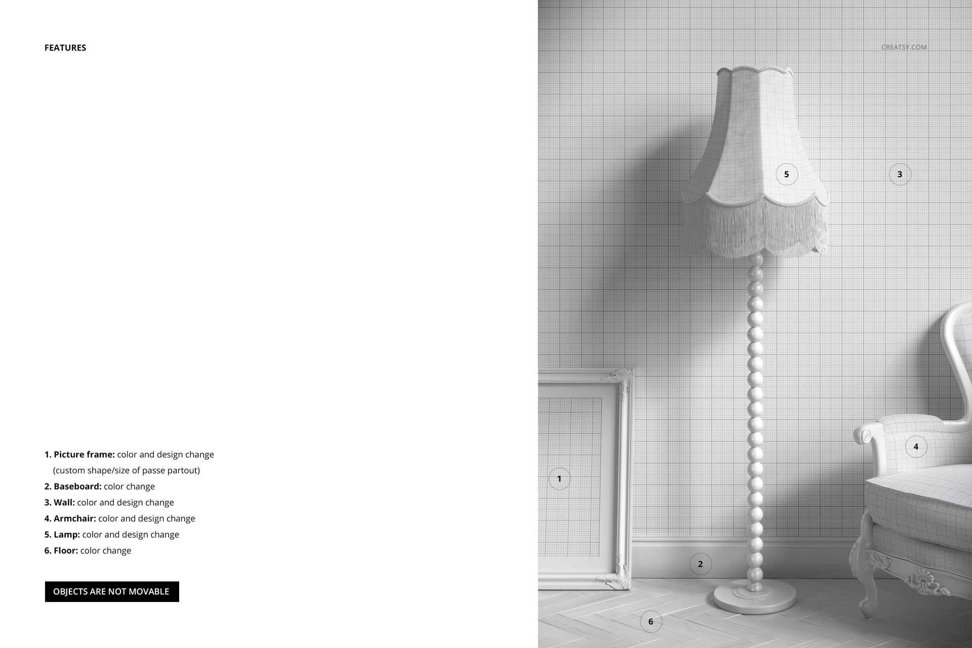 Tall fringed velvet lampshade with scalloped edges on a decorative floor lamp, shown in a grayscale interior mockup.