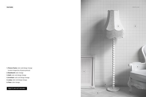 Tall fringed velvet lampshade with scalloped edges on a decorative floor lamp, shown in a grayscale interior mockup.