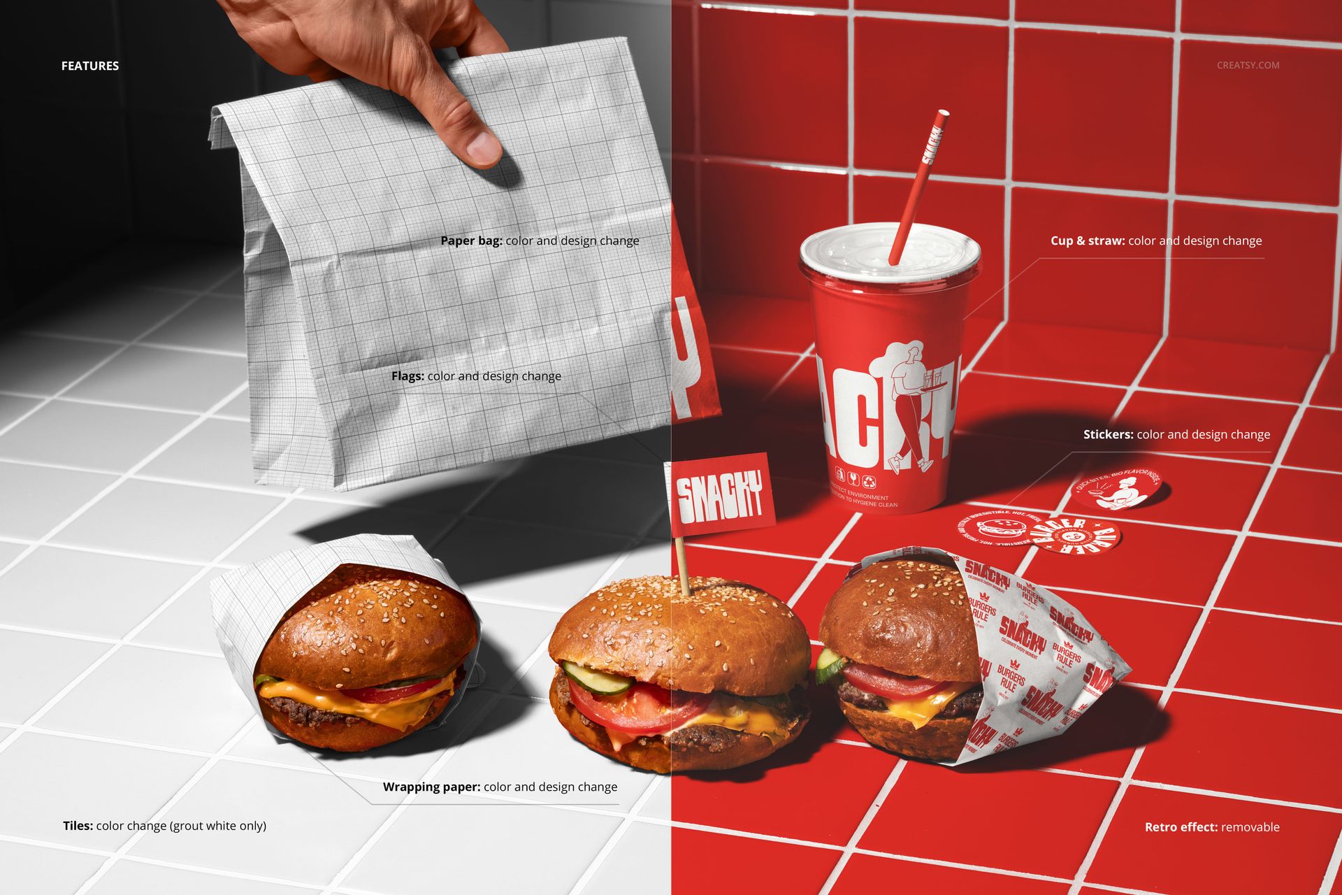 Take-out burger set mockup showing three burgers in different wrappers, a paper bag, a cup with straw, and stickers on a tiled surface.
