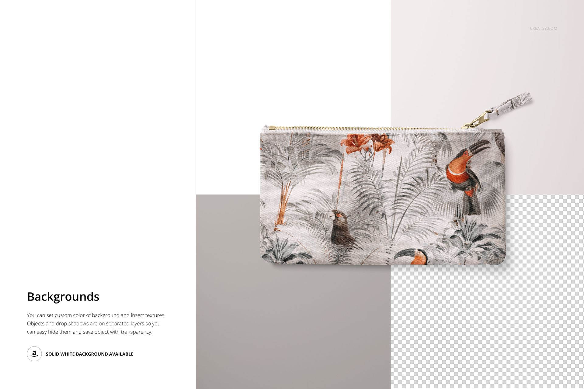 Flat canvas pouch with fabric zipper pull featuring a botanical and bird pattern, shown from the front on a neutral background.