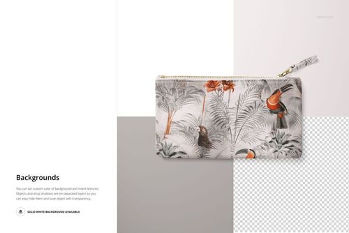 Flat canvas pouch with fabric zipper pull featuring a botanical and bird pattern, shown from the front on a neutral background.