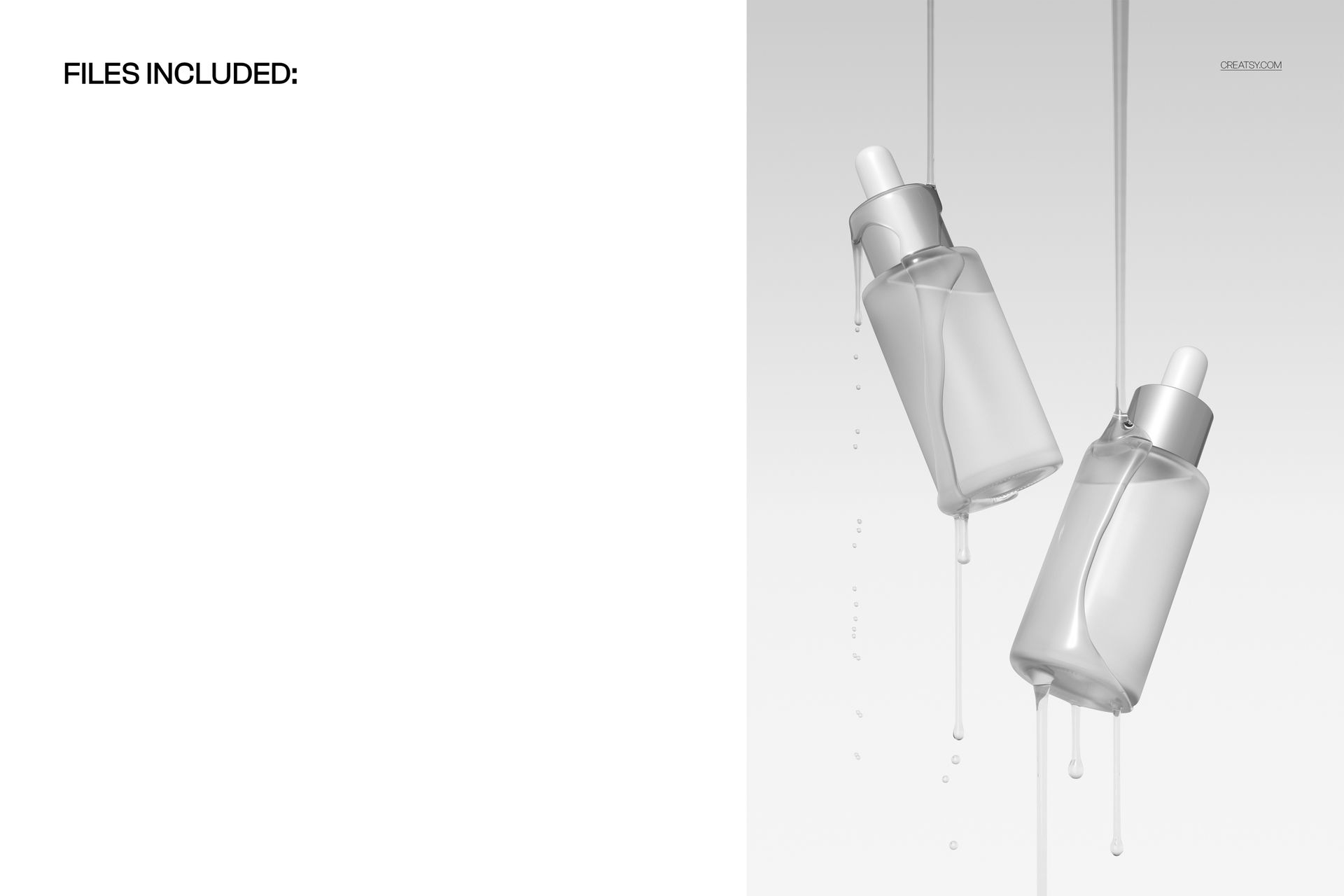 Close-up of twin glass serum bottles with white droppers and visible liquid drops, shown in a PSD mockup scene.