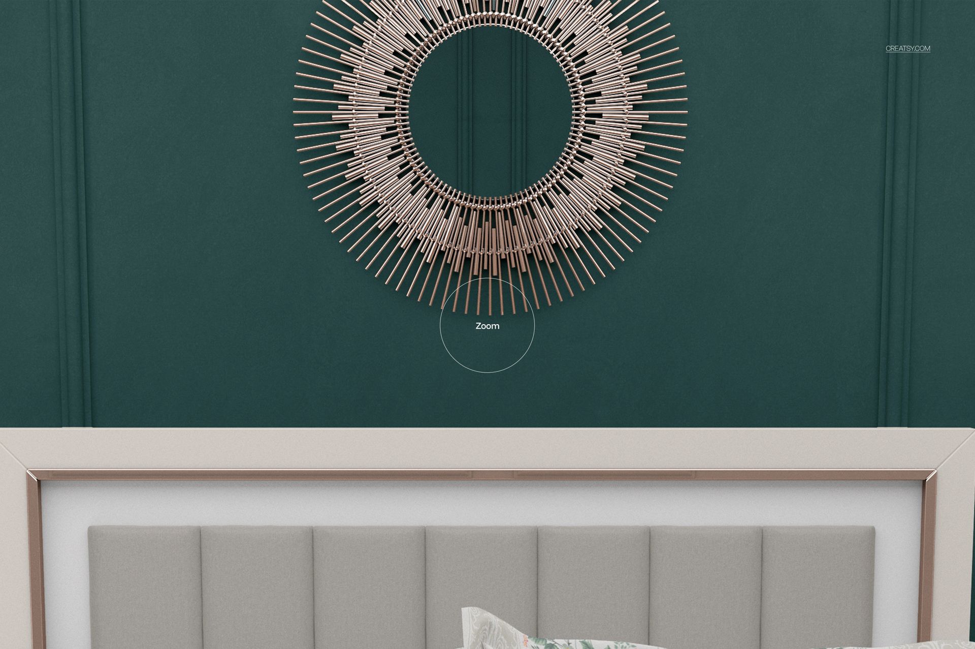 Front view of a luxury bedroom bedding mockup with flanged pillows, gray upholstered headboard, and decorative wall mirror.