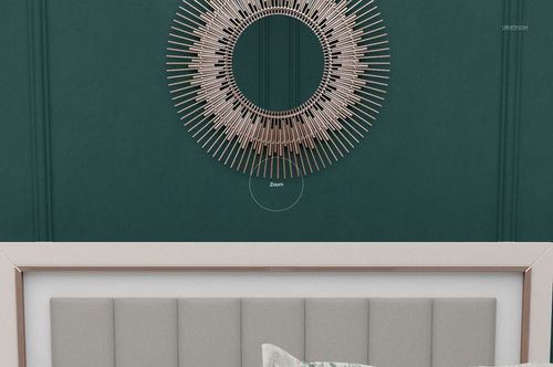 Front view of a luxury bedroom bedding mockup with flanged pillows, gray upholstered headboard, and decorative wall mirror.