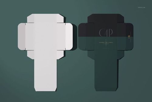 PSD mockup featuring two flat, unfolded shower cap packaging boxes with one plain white and one dark design.