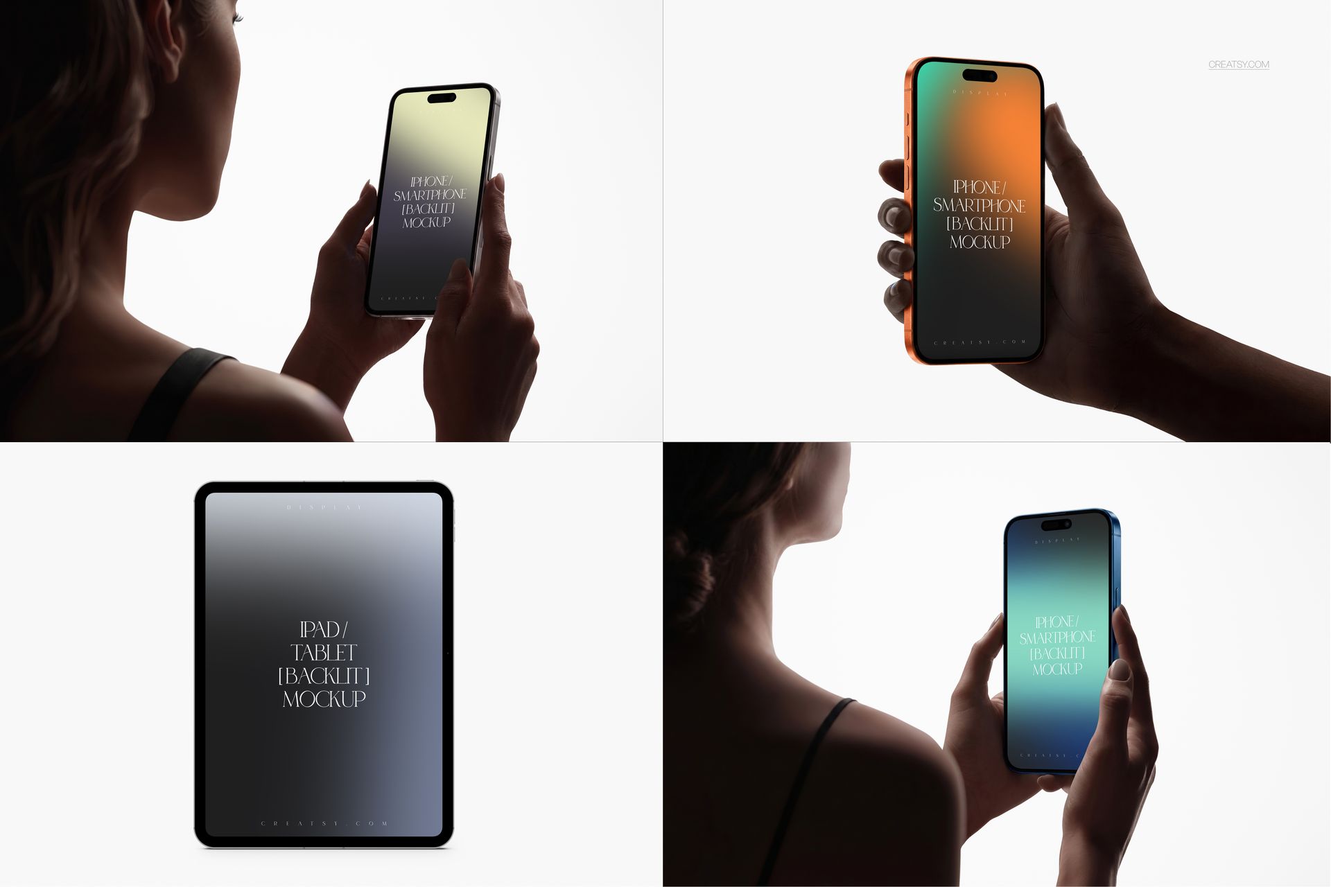 PSD mockup featuring a person holding an iPhone and iPad Pro, both devices illuminated against a white background.
