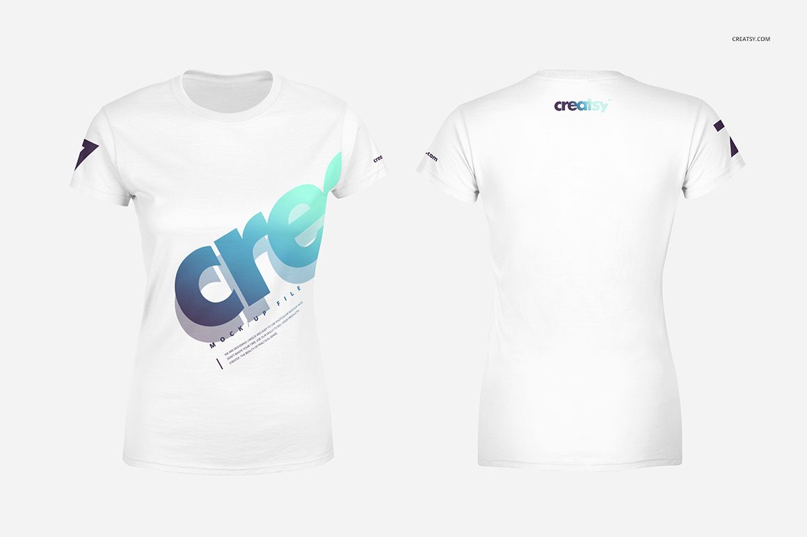 Front and back view of a women's white t-shirt mockup with gradient blue and purple graphic design on a plain background.