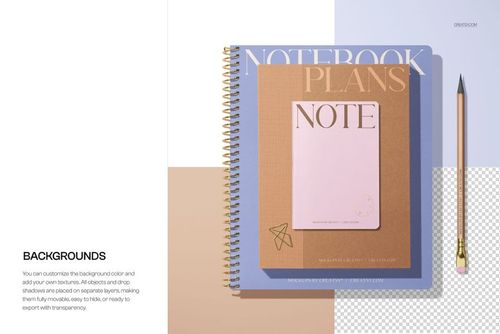 Spiral-bound planner and compact notebook mockup placed on a geometric background, shown from above with a pencil nearby.