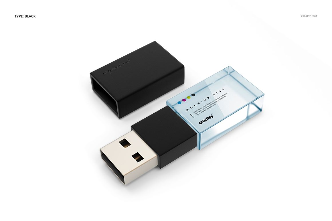 Mockup of an acrylic USB drive featuring a clear blue cover and detached black lid, displayed on a clean surface.