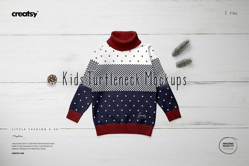 Kids turtleneck sweater mockup with a polka dot pattern in white, red, and navy colors, shown on a wooden surface.