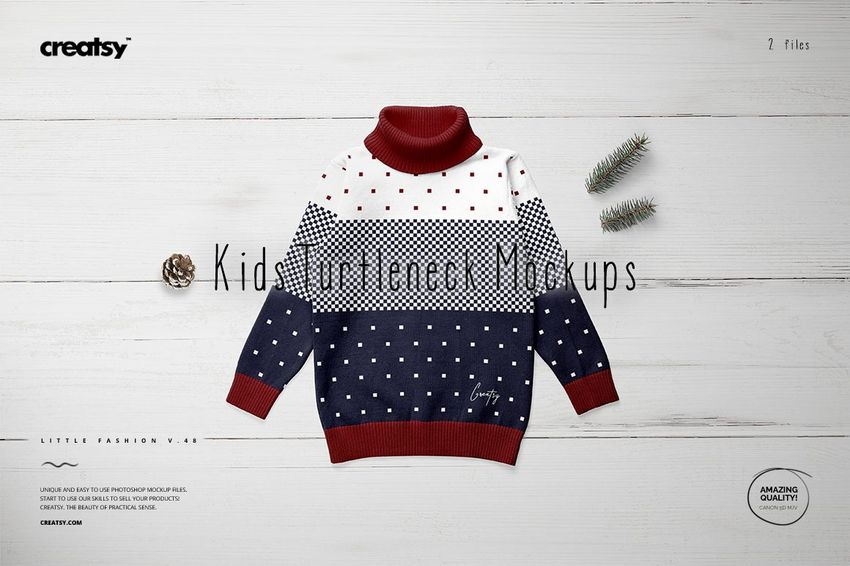 Kids turtleneck sweater mockup with a polka dot pattern in white, red, and navy colors, shown on a wooden surface.