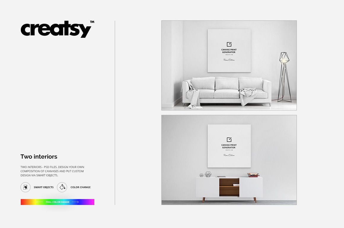 Canvas print mockup set showing two modern room interiors, one with a sofa and lamp, another with a commode and decor.
