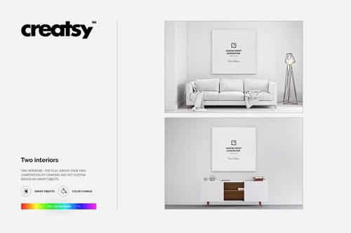 Canvas print mockup set showing two modern room interiors, one with a sofa and lamp, another with a commode and decor.