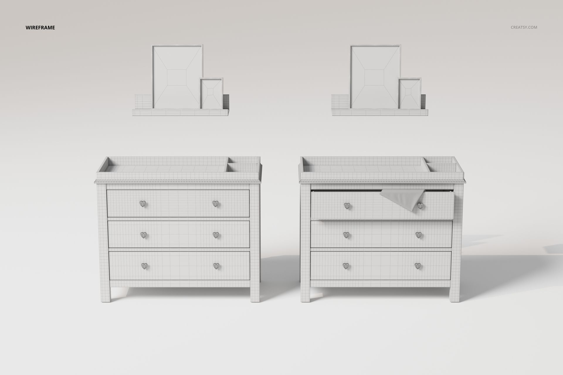 Wireframe view of two baby nursery dressers with three drawers, shown from the front with simple geometric decor.